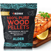 Kona Alder Wood Pellets bag closeup with premium, mild smoke for seafood and poultry.
