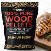 Kona premium blend smoker pellets bag shows resealable packaging for freshness.