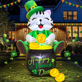 KOOY 4FT inflatable cat with leprechaun hat on gold pot, ideal yard display.