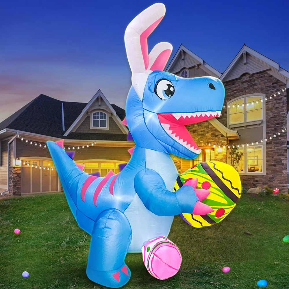 KOOY 6FT Easter dinosaur with bunny ears ready for festive yard display.