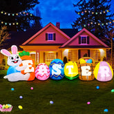 KOOY Easter inflatable bunny banner with LED lights for outdoor yard decor.