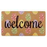 KorhLeoh Easter eggs doormat at the front door traps dirt and welcomes guests.