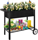 Koutemie outdoor raised planter bed on wheels seen in a sunny balcony setup, emphasizing mobility.