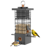 KRUOO heavy-duty squirrel-proof bird feeder with secure metal cage for seed protection