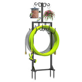 KRZKRZ heavy-duty hose holder with side hooks keeps hoses tidy outdoors.
