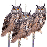 Kungfu Mall owl 3-pack hanging in garden deters pigeons safely and humanely.