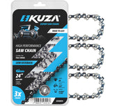KUZA 24-inch chainsaw chain close-up shows 38-pitch, 0.050-gauge with sharp edge.