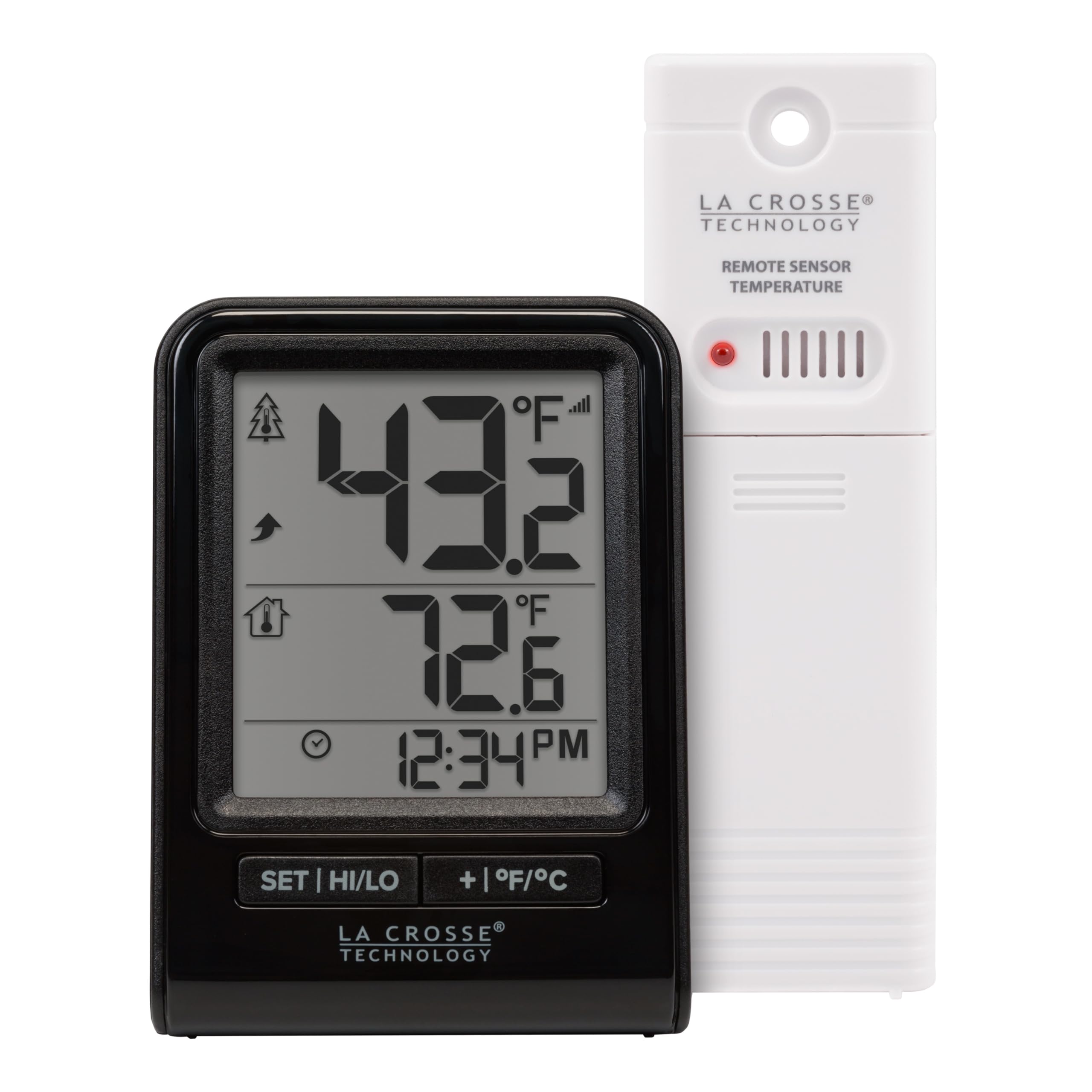 La Crosse Technology 308-1409BNH-CBP thermometer display shows indoor and outdoor temps at a glance