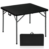 Lakhow 34-inch square folding table open, ideal surface for indoor gatherings.