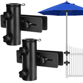 Lalafancy umbrella base mounted on deck railing with adjustable clamp for various pole sizes.