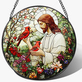 Laoweiki 8-inch Jesus with Cardinals suncatcher front view with vivid colors catching sunlight