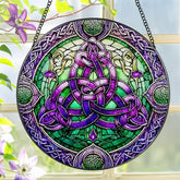 LAOWEIKI 8-inch Celtic Knot Suncatcher captures sunlight with vivid colors.