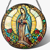LAOWEIKI 8inch Our Lady of Guadalupe stained glass suncatcher reflecting sunlight with vibrant colors