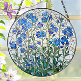LAOWEIKI 8-inch stained glass window hanging featuring Forget Me Not bloom in sunlight