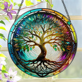 LAOWEIKI tree of life stained glass suncatcher brightens windows with colorful light.