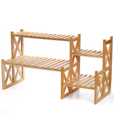 Lawei 2-tier bamboo table stand displaying multiple pots for organized indoor decor.