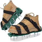 Lawn aerator shoes with adjustable straps for a secure fit during use.
