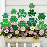 LawnIdyll planter stake shamrock display in a garden for festive decor