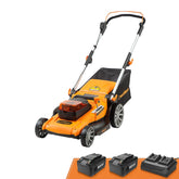 LawnMaster 48V Max mower front view with compact 19-inch deck for precise cutting