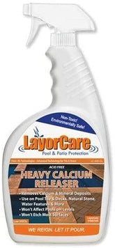 LayorCare Heavy Calcium Releaser bottle close-up for calcium removal on surfaces.