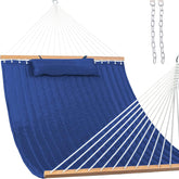 Lazy Daze 12 ft hammock with spreader bar in navy for comfort.