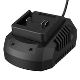 LAZYBOI 21V charger front view showing compact, portable design for on-site charging.