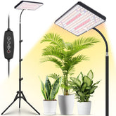 LBW Grow Light full-spectrum on stand promotes vibrant indoor plant growth.