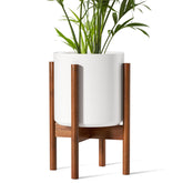 LE TAUCI 10-inch ceramic planter with wood stand in white, ideal for indoor greenery