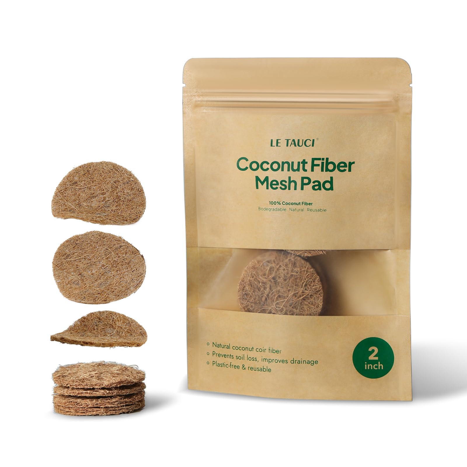 LE TAUCI coconut coir drainage mesh pad overview for small pots; soil containment.