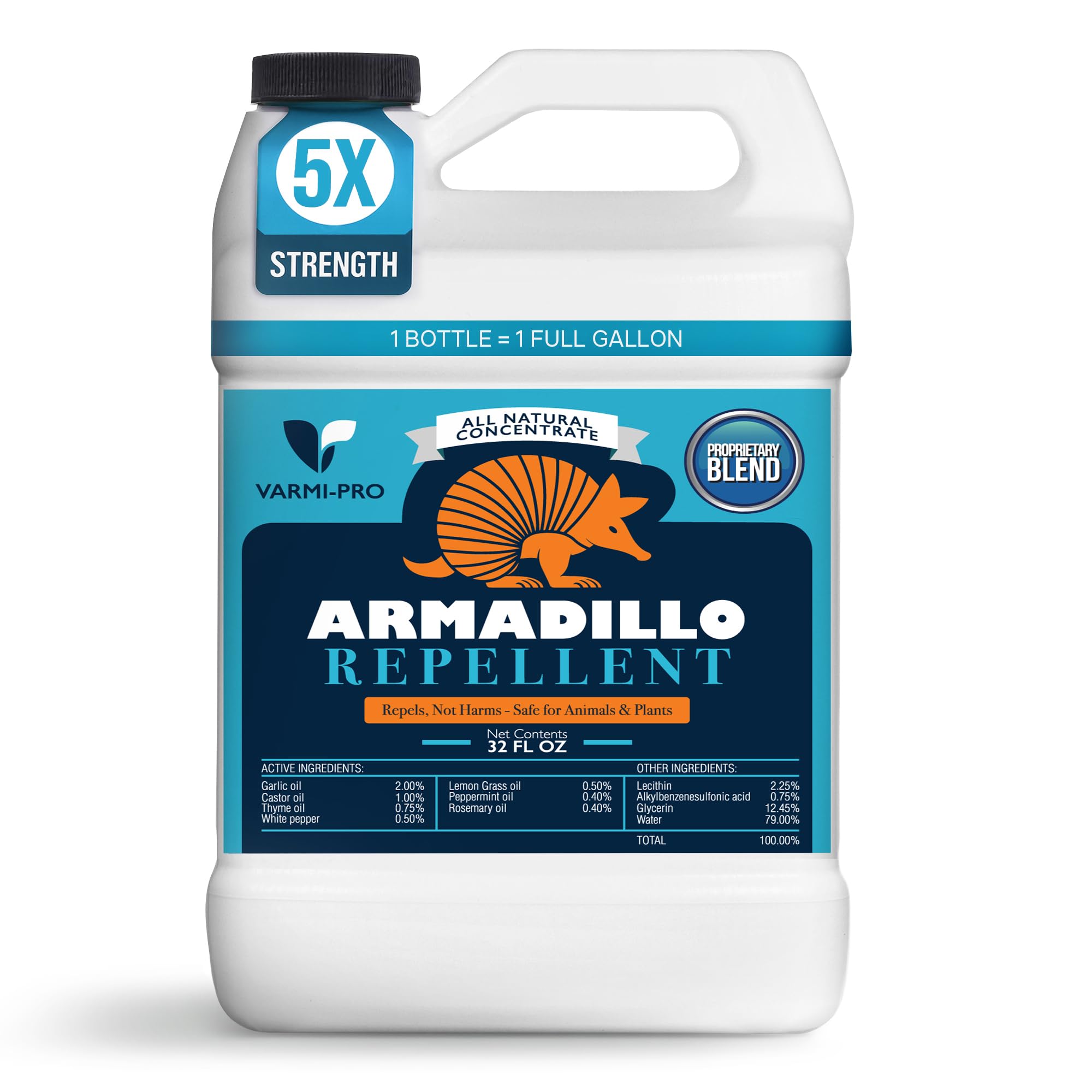 Leaves and Soul VarmiPro spray bottle deters armadillos from yards and gardens.