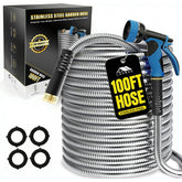Lefree 100ft metal hose shown in action for long reach and durability.