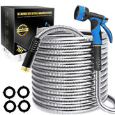 Lefree 75ft metal garden hose fully extended for yard watering.