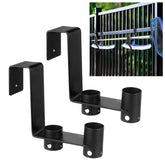 Lettry pool fence hooks on a railing keep tools neatly organized.