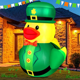 Leyndo 5ft St. Patrick's Day inflatable duck outdoors with leprechaun hat, ideal for garden display.