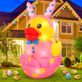 Leyndo Easter duck inflatables emerging from eggshell for a festive outdoor display.