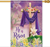 LHSION He is Risen flag with double-sided burlap for outdoor Easter display.