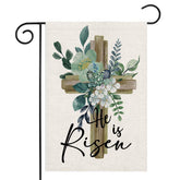 LHSION He Is Risen garden flag front view with durable burlap and vivid Easter design.