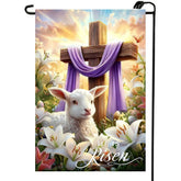 Lienzo-Fest Easter garden flag 12x18 front view with lamb and eggs for outdoor display.
