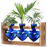 Lifecapido heart-shaped propagation station in blue glass on wooden stand for easy root observation.