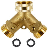 Lifynste 2-way brass hose splitter assembled on a faucet for efficient watering.
