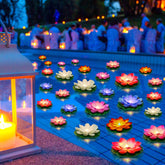 Liliful lotus floating light set enhances pool ambiance with soft pastel colors.