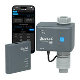 LinkTap G2S timer with gateway setup for weather-aware irrigation in a garden.