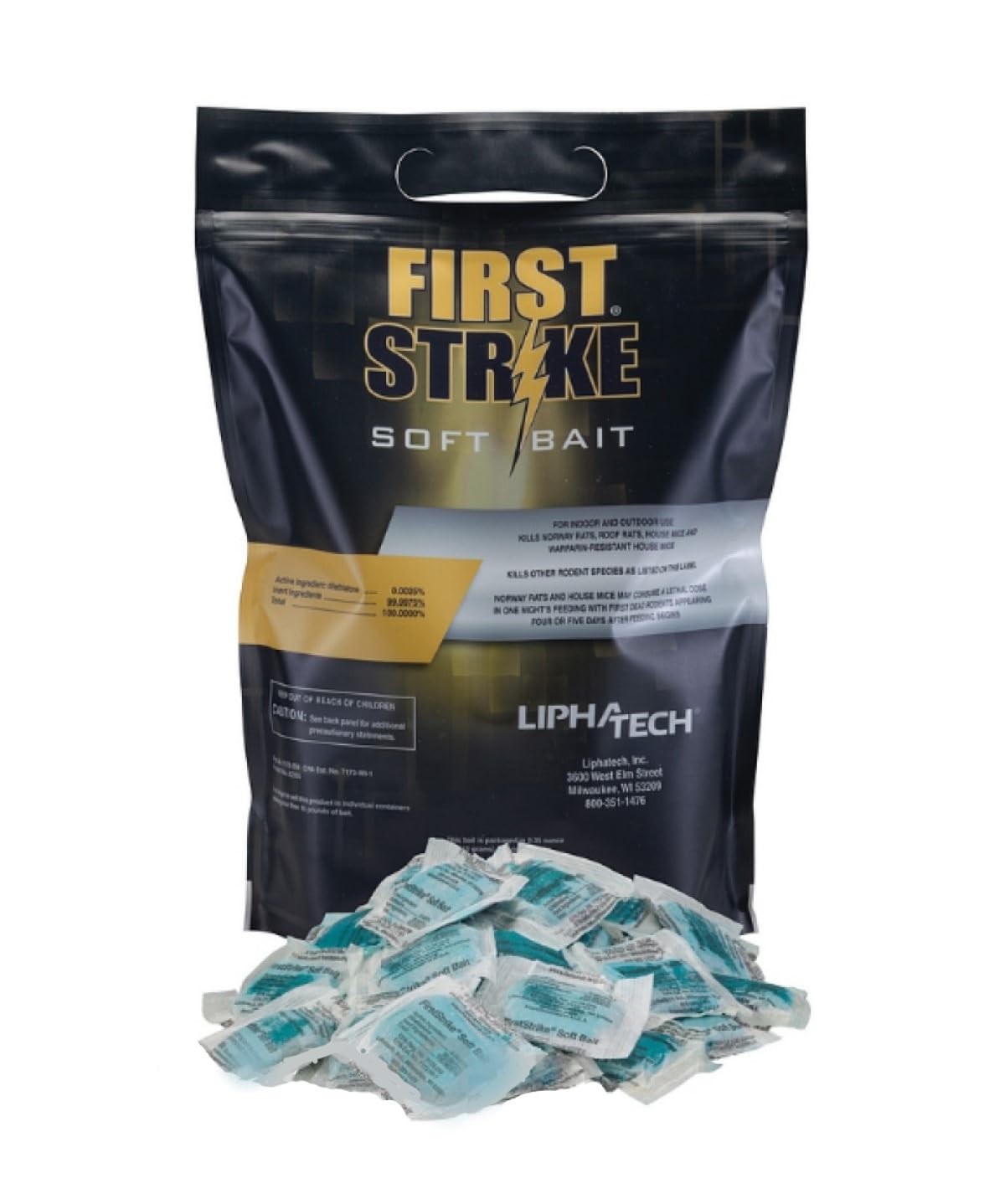 Lipha Tech FirstStrike rodent bait 10g pellet packaging designed for easy PMP deployment