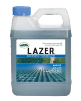Liquid Harvest Lazer Blue bottle marker visible on turf for spray tracking