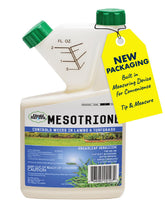 Liquid Harvest Mesotrione bottle label illustrates ready-to-use turf weed control.