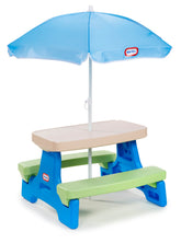 Little Tikes Easy Store Picnic Table umbrella center hole for shade and playtime outdoors.