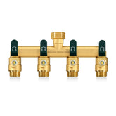 LNEZCDB 4-way hose splitter front view emphasizes sturdy brass construction for outdoors.