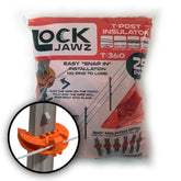 Lock Jawz T-360 insulator front view showing compatibility with standard t-posts for quick setup