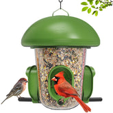 LO NA LOVE NATURE LONA bird feeder outdoors dome green attracts cardinals and finches.