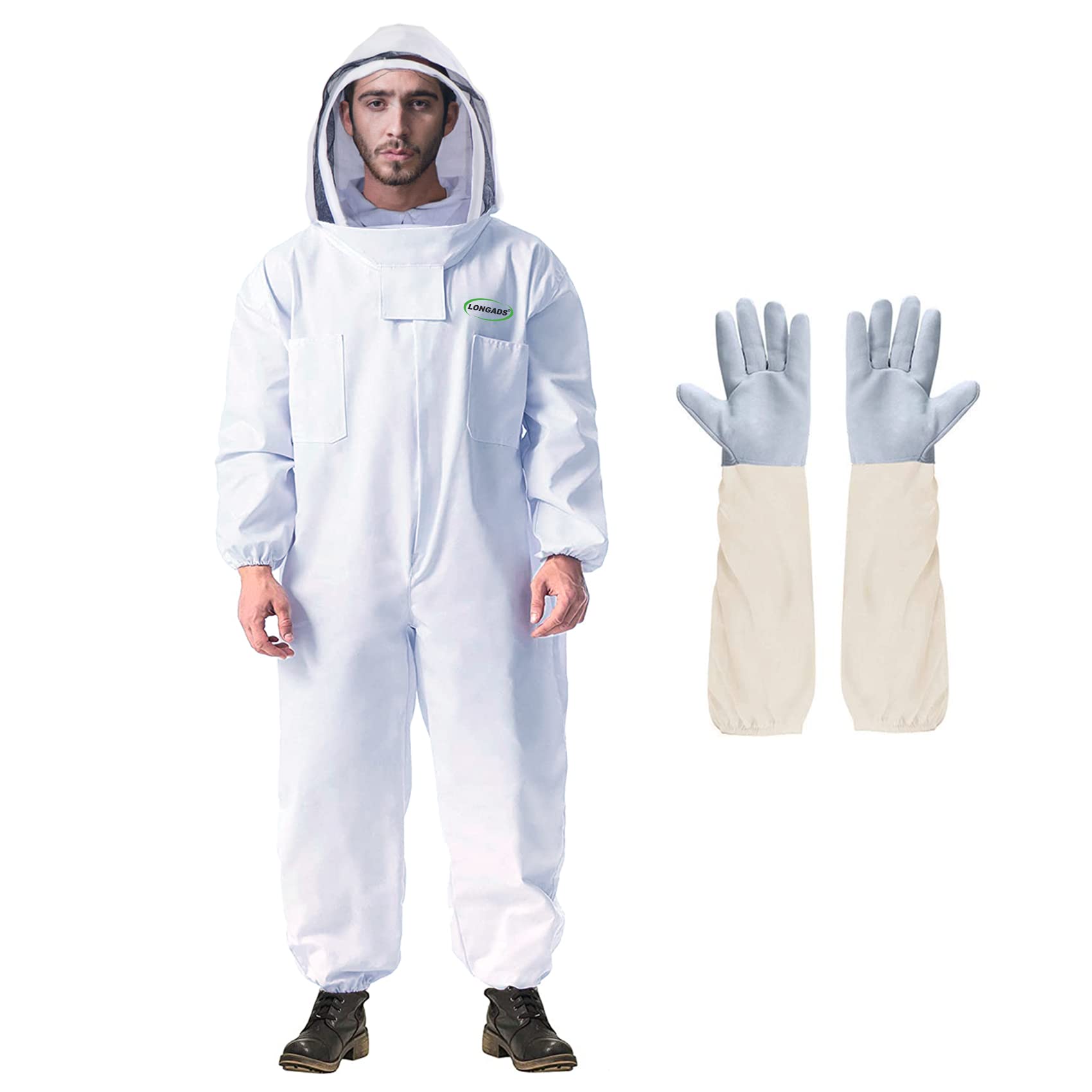 LONGADS bee suit front view showing full coverage and detachable veil for apiary tasks.